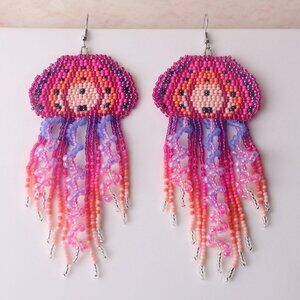 Handcrafted Beaded Jellyfish Earrings - Pink and Purple